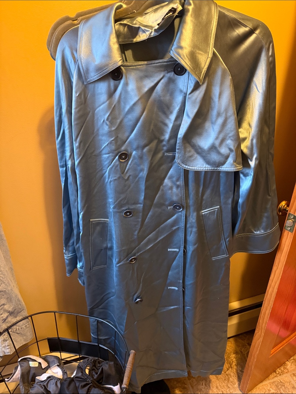 Women's Double-Breasted Satin Trench Coat in Steel Blue